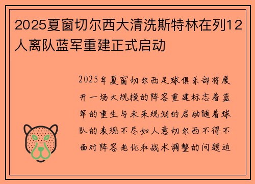 2025夏窗切尔西大清洗斯特林在列12人离队蓝军重建正式启动