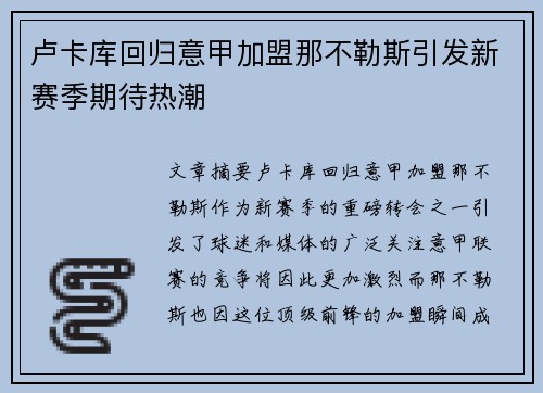 卢卡库回归意甲加盟那不勒斯引发新赛季期待热潮